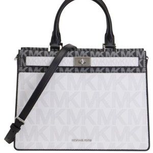 Bright white and black signature Tatiana large canvas satchel